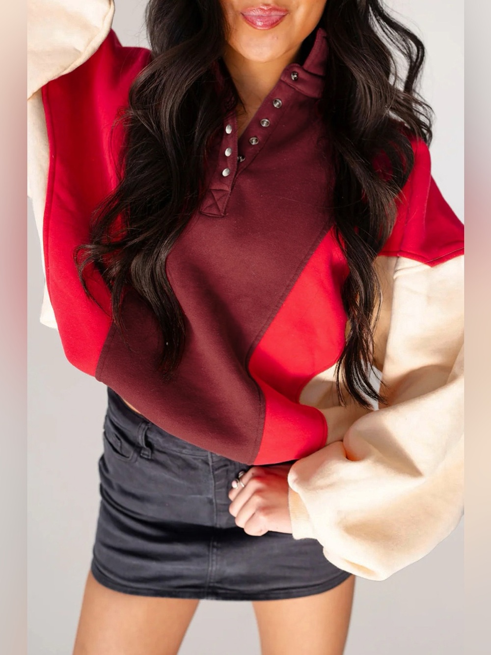Color-Block Snap-Button Oversized Sweatshirt - Picture 4 of 12